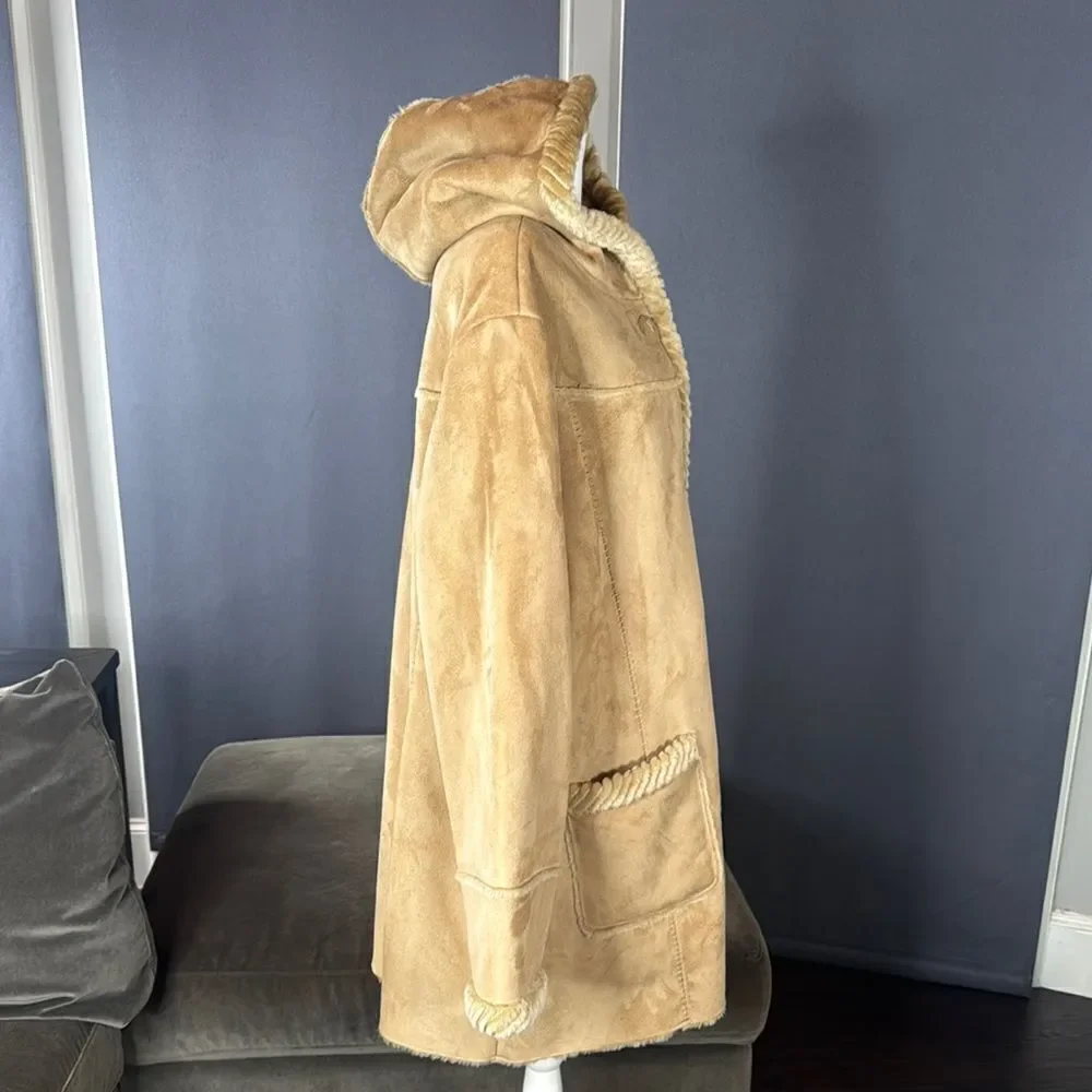 Women’s Vintage St John’s Bay Tan Faux Suede Hooded Coat Faux Fur Lined Size L